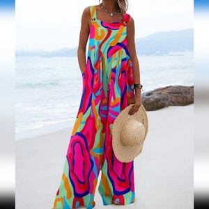 Hot Pink & Green Abstract Sleeveless Jumpsuit